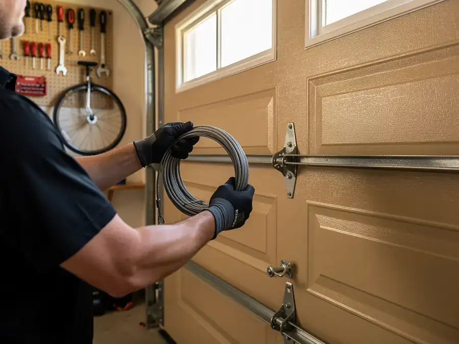 A technician in black gloves holds a coiled cable next to a tan garage door.