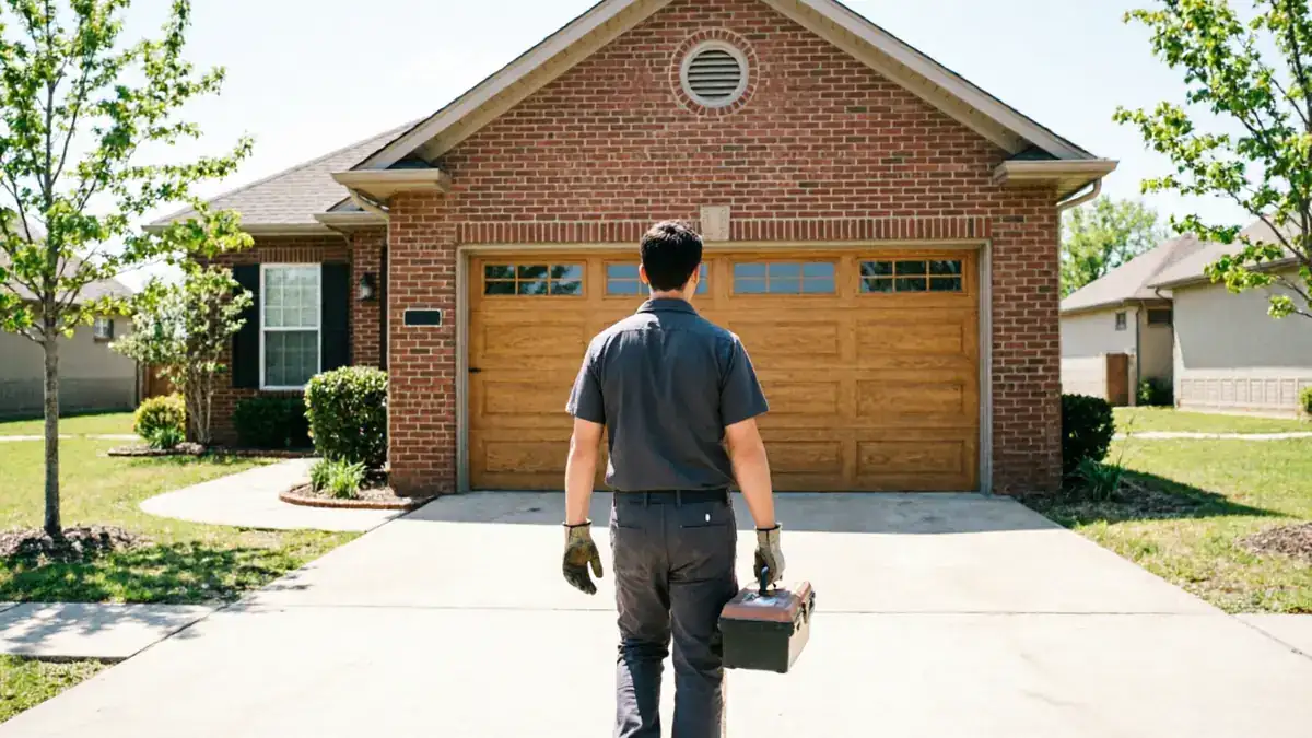 A technician walks toward a brick house with a wooden garage door.