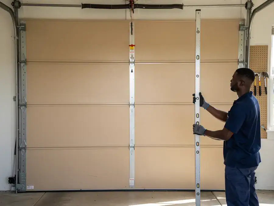 A technician holds a long level in front of a closed tan garage door.