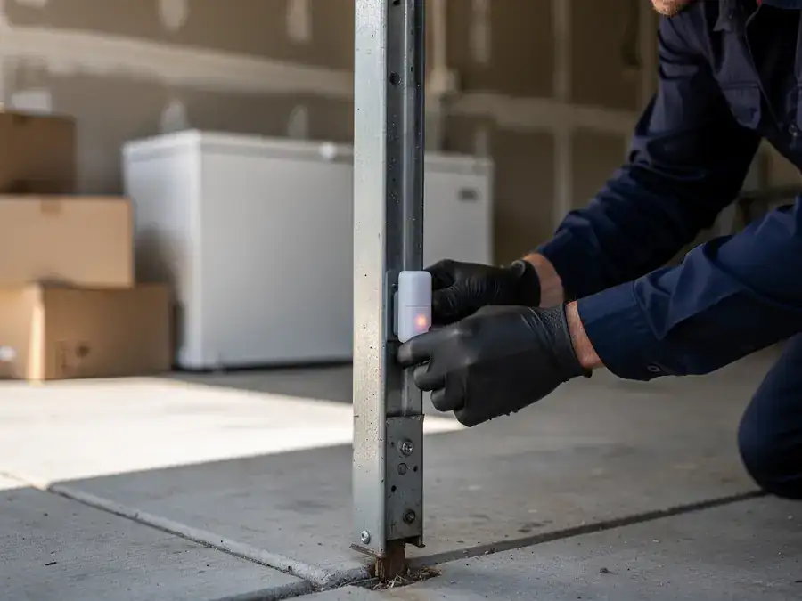 A technician in black gloves adjusts a white safety sensor on a garage door track.
